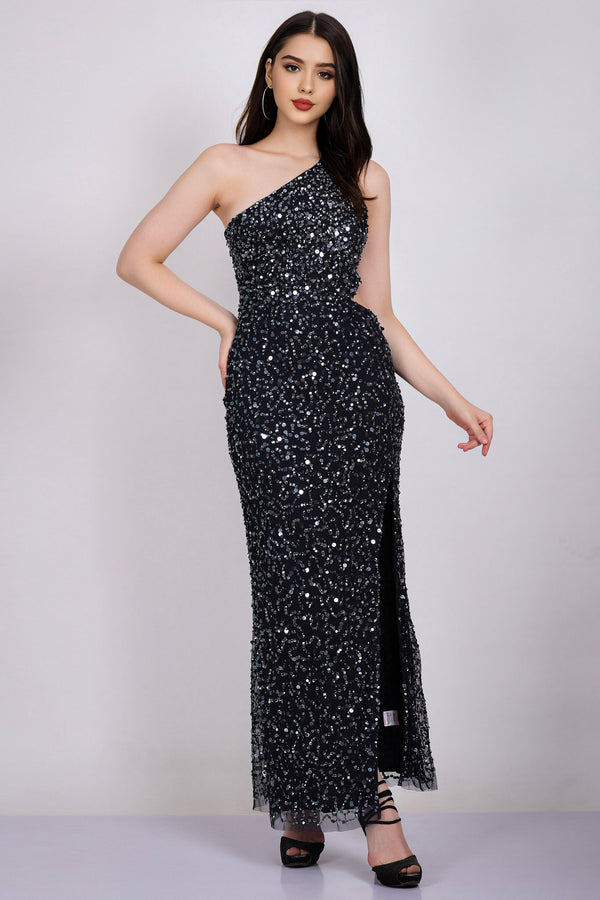 lace & beads Naeve One Shoulder Sequin Dress in Navy Blue