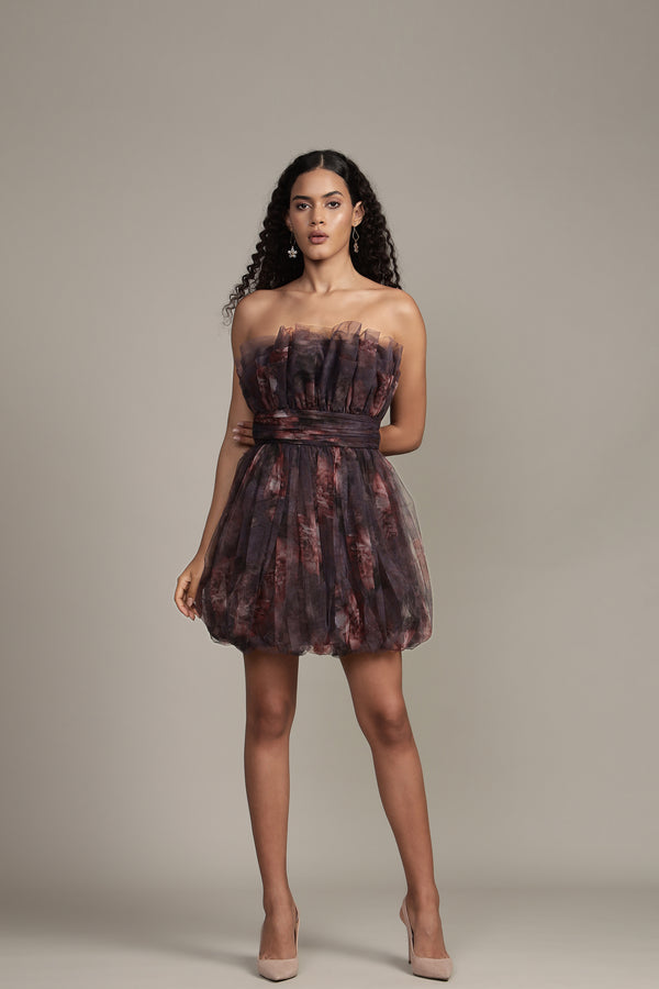 Lace & Beads Nanita Mini Dress With Balloon Hem In Plum Floral