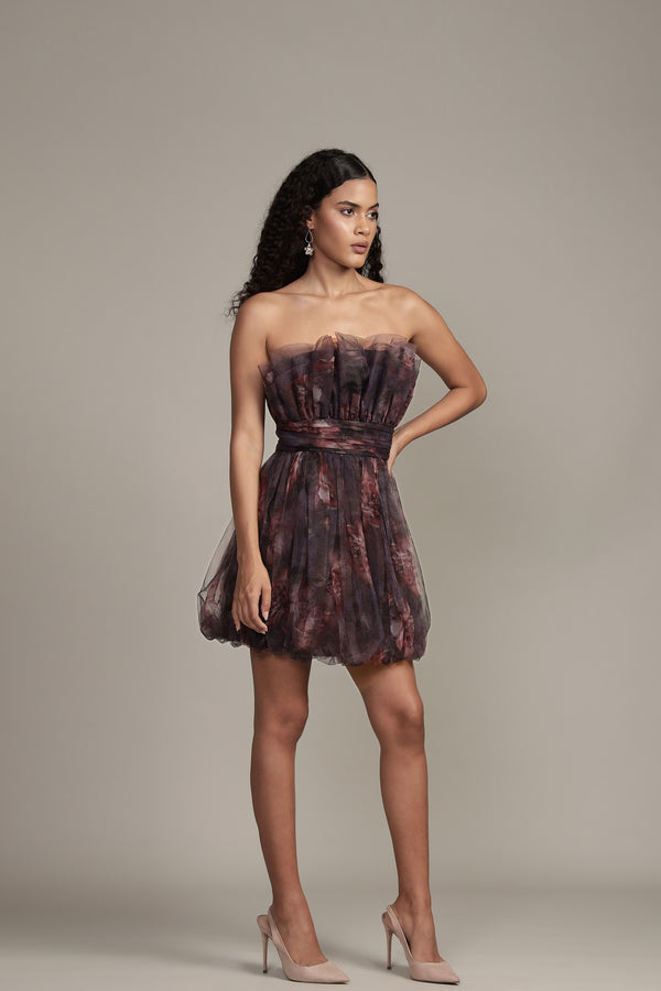 Lace & Beads Nanita Mini Dress With Balloon Hem In Plum Floral