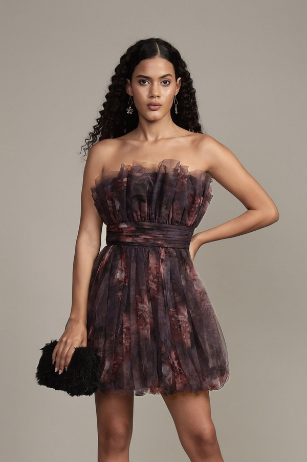 lace & beads Nanita Mini Dress with Balloon Hem in Plum Floral