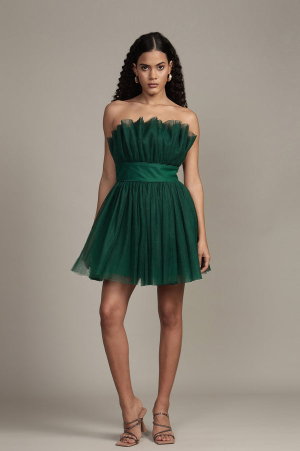 Lace & Beads Nanita Pleated Mini Dress In Emerald Green