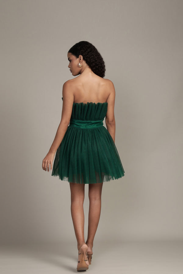 Lace & Beads Nanita Pleated Mini Dress In Emerald Green