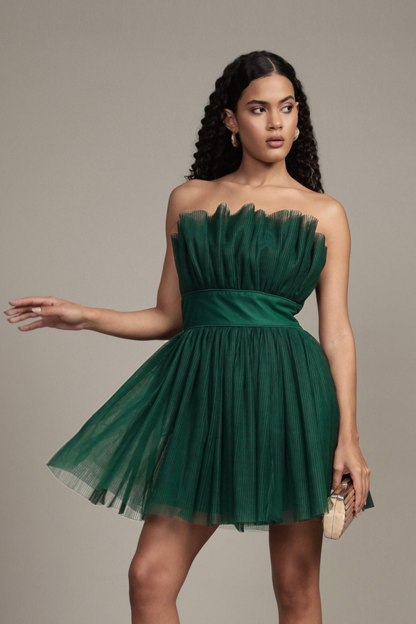 lace & beads Nanita Pleated Mini Dress in Emerald Green