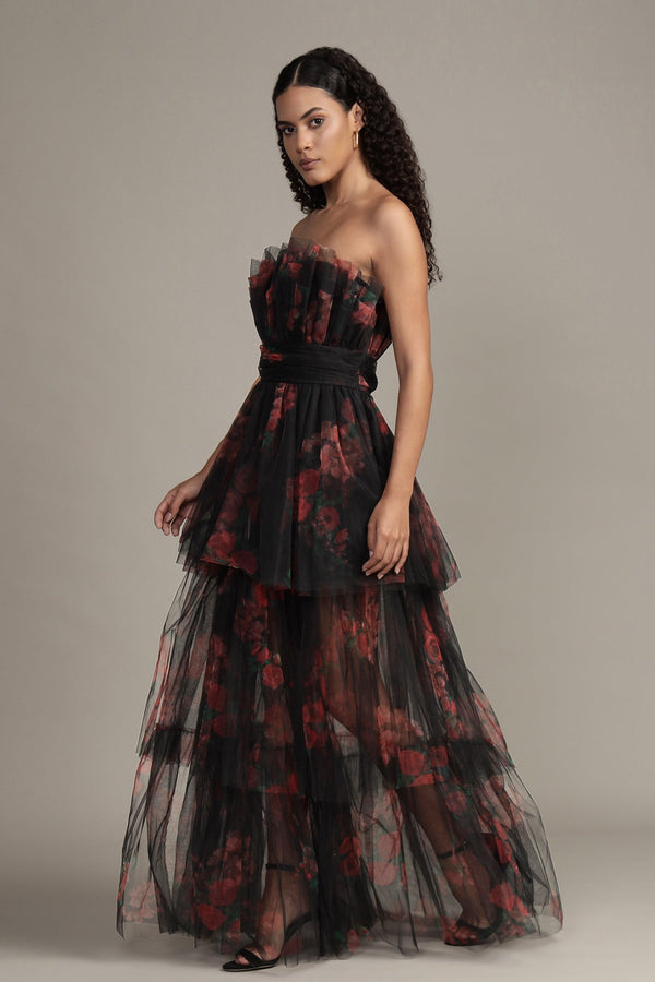 Lace & Beads Natalia Tulle Maxi Dress In Black And Red Floral