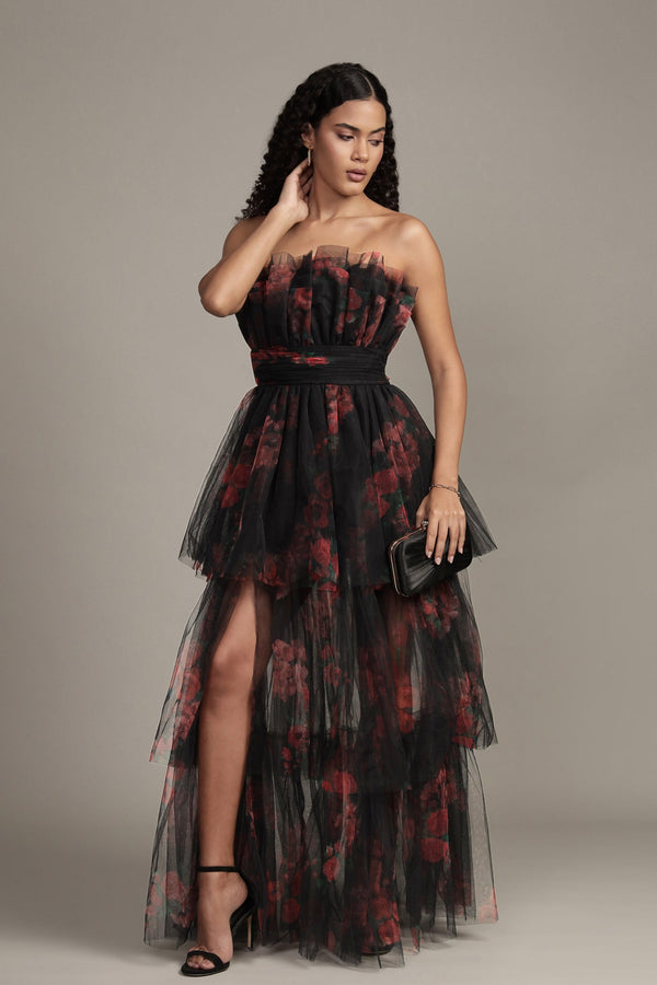 Lace & Beads Natalia Tulle Maxi Dress In Black And Red Floral