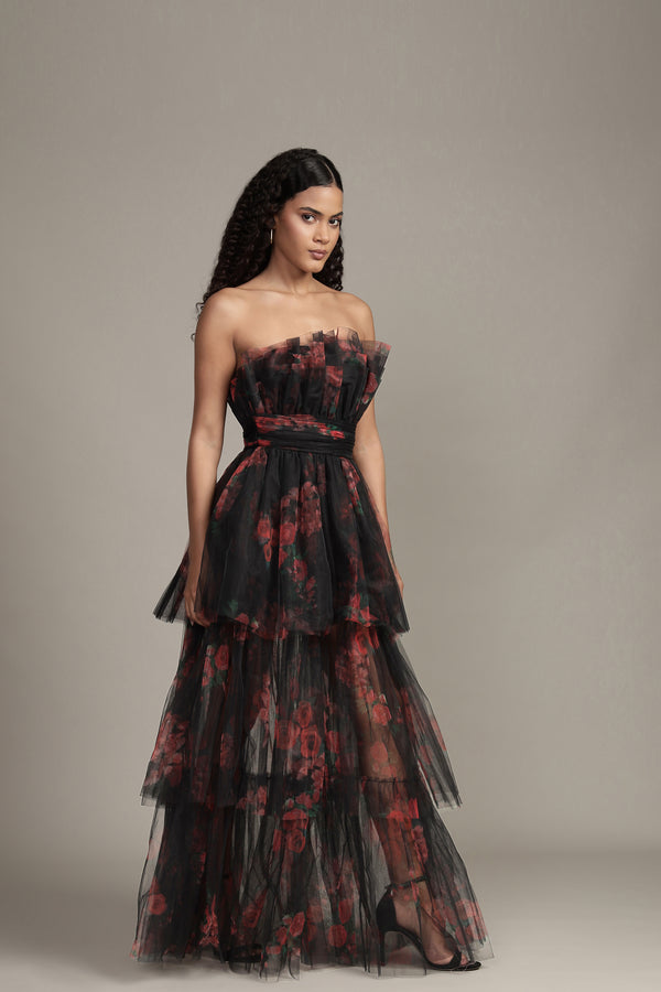 Lace & Beads Natalia Tulle Maxi Dress In Black And Red Floral