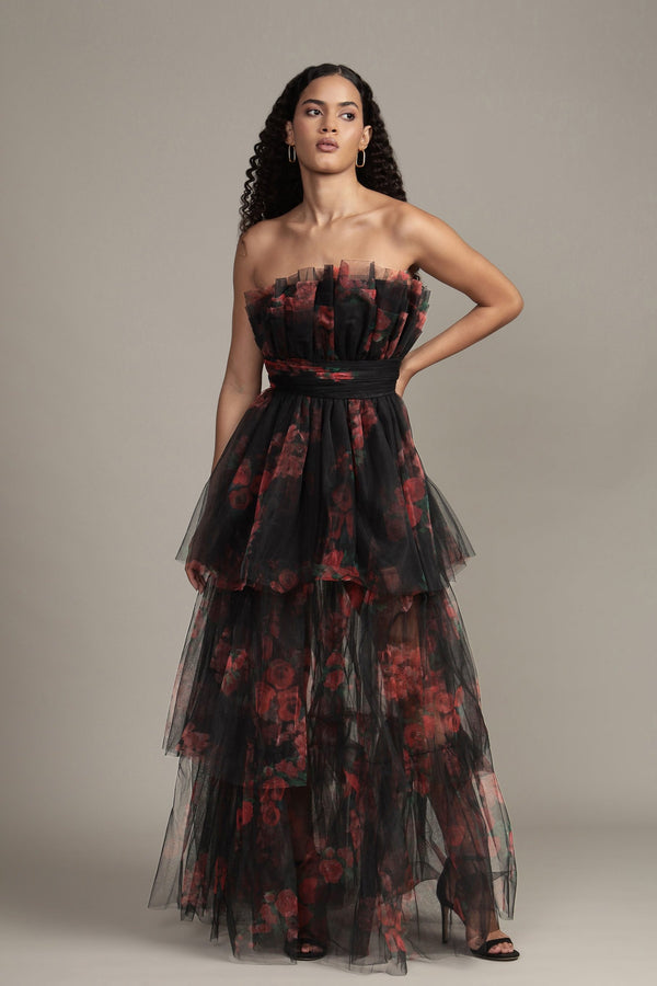lace & beads Natalia Tulle Maxi Dress in Black and Red Floral