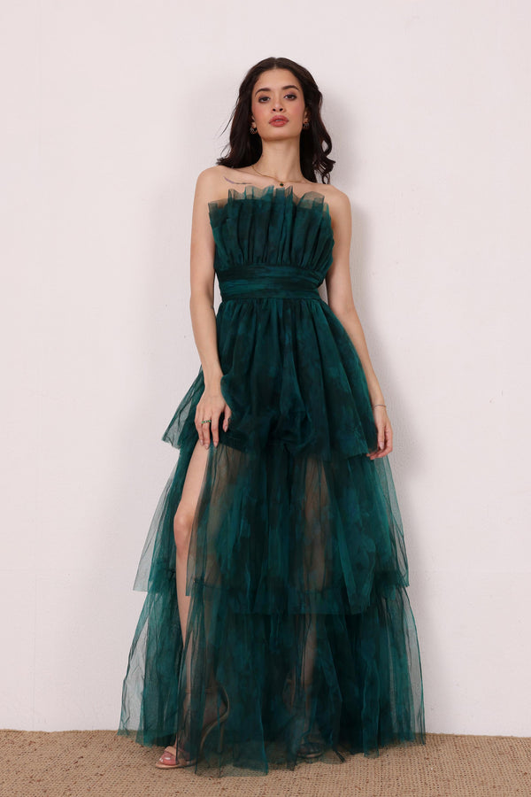 Lace & Beads Natalia Tulle Maxi Dress In Jade Green Floral