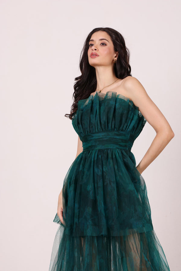 Lace & Beads Natalia Tulle Maxi Dress In Jade Green Floral