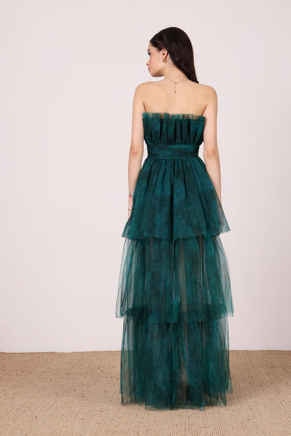 Lace & Beads Natalia Tulle Maxi Dress In Jade Green Floral