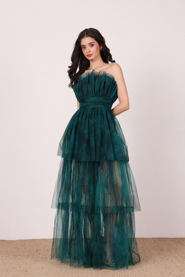 lace & beads Natalia Tulle Maxi Dress in Jade Green Floral