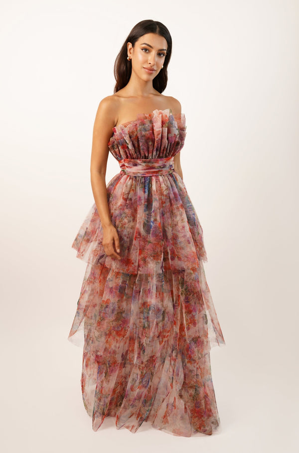 Lace & Beads Natalia Tulle Maxi Dress In Mixed Floral