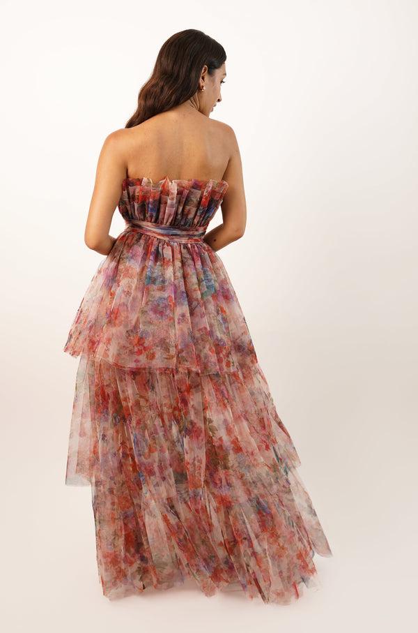 Lace & Beads Natalia Tulle Maxi Dress In Mixed Floral