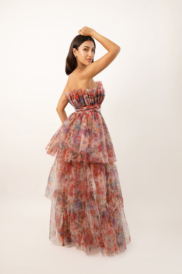 Lace & Beads Natalia Tulle Maxi Dress In Mixed Floral