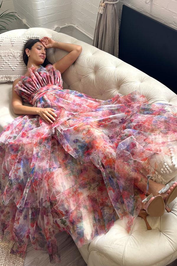 lace & beads Natalia Tulle Maxi Dress in Mixed Floral