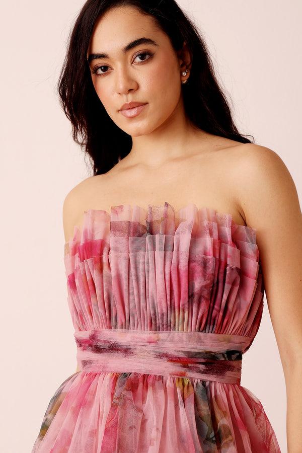 Lace & Beads Natalia Tulle Maxi Dress In Vivid Pink Purple Floral