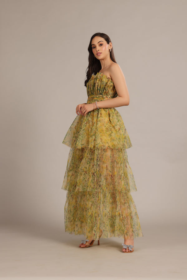 Lace & Beads Natalia Tulle Maxi Dress In Yellow Floral