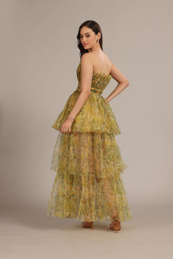 Lace & Beads Natalia Tulle Maxi Dress In Yellow Floral