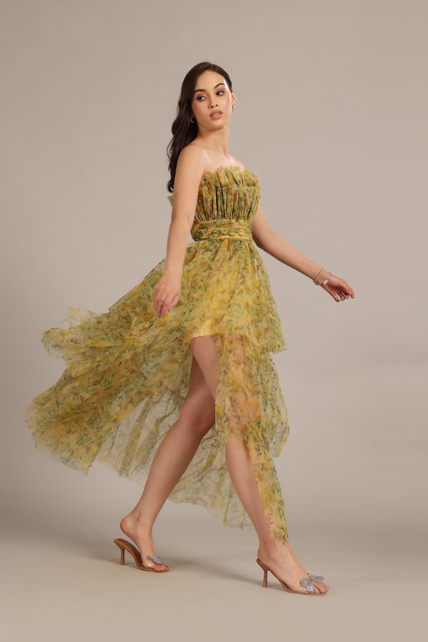 Lace & Beads Natalia Tulle Maxi Dress In Yellow Floral