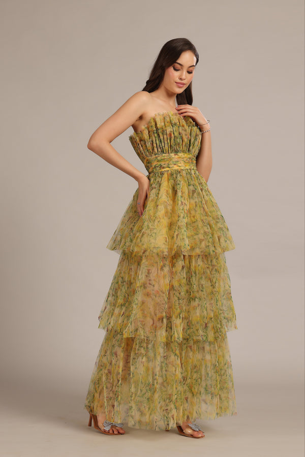 lace & beads Natalia Tulle Maxi Dress in Yellow Floral