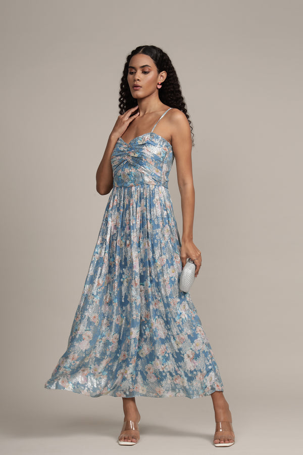 Lace & Beads Nelex Metallic Printed Midi Dress In Blue