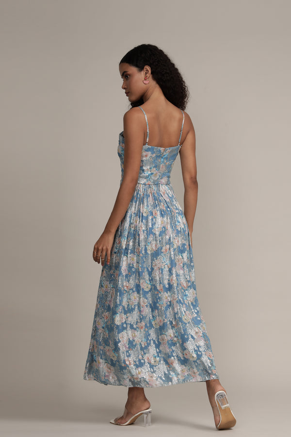 Lace & Beads Nelex Metallic Printed Midi Dress In Blue