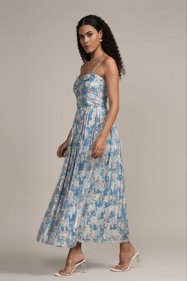 Lace & Beads Nelex Metallic Printed Midi Dress In Blue