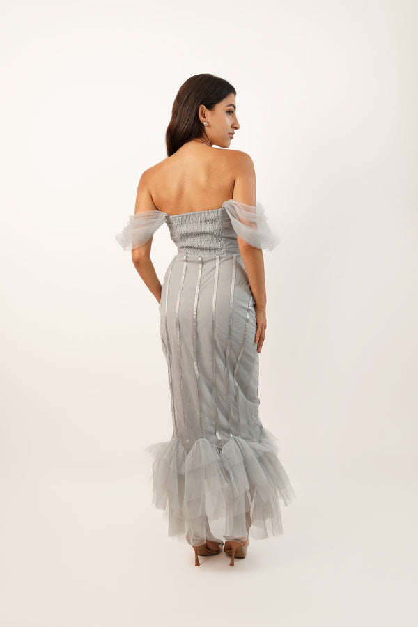 Lace & Beads Neros Dusty Blue Off Shoulder Midi Dress