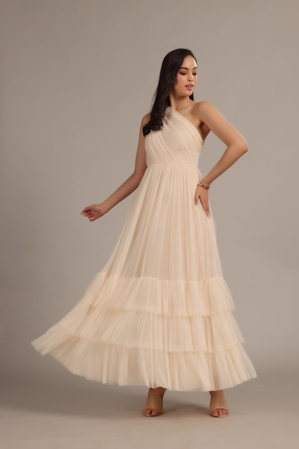 Lace & Beads Nicolette One Shoulder Maxi Dress In Champagne