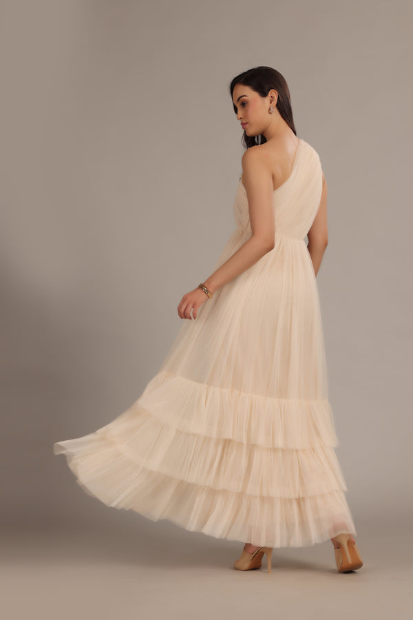 Lace & Beads Nicolette One Shoulder Maxi Dress In Champagne