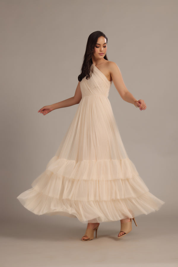 lace & beads Nicolette One Shoulder Maxi Dress in Champagne