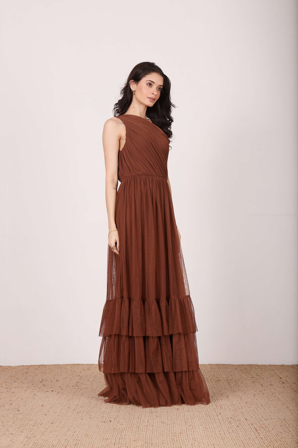 Lace & Beads Nicolette One Shoulder Maxi Dress In Deep Brown