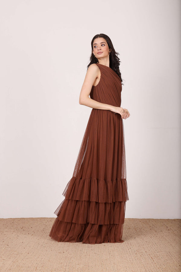 Lace & Beads Nicolette One Shoulder Maxi Dress In Deep Brown