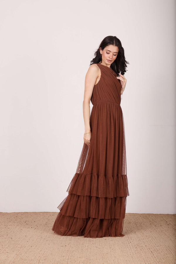 Lace & Beads Nicolette One Shoulder Maxi Dress In Deep Brown
