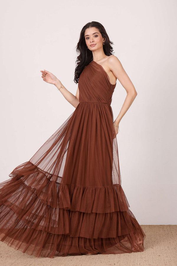 lace & beads Nicolette One Shoulder Maxi Dress in Deep Brown