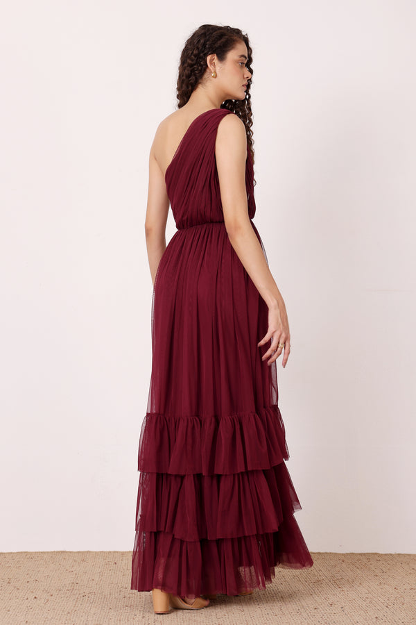 Lace & Beads Nicolette One Shoulder Maxi Dress In Wine