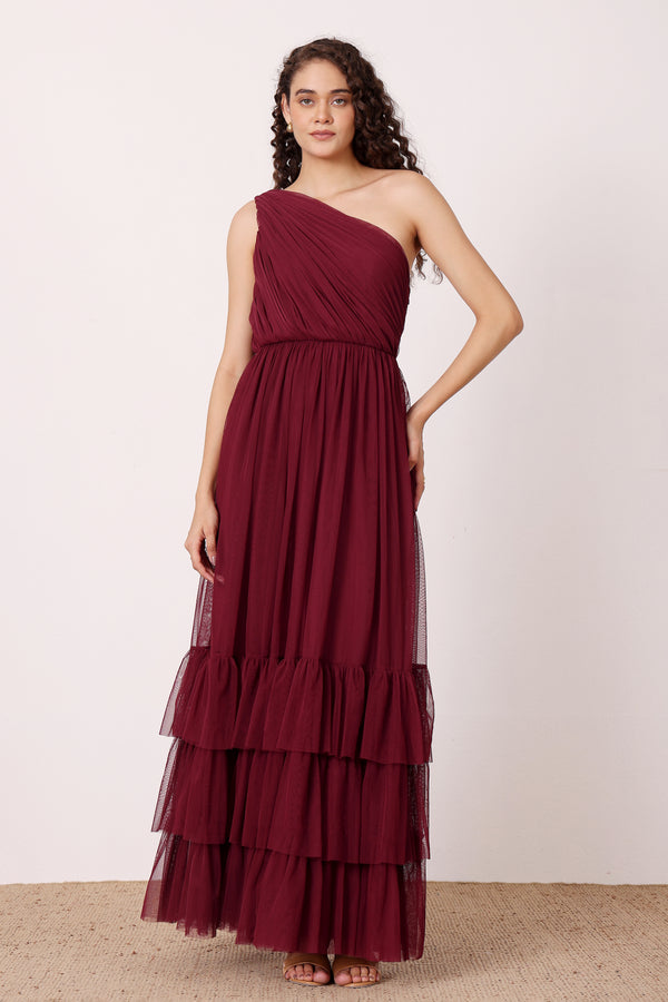 Lace & Beads Nicolette One Shoulder Maxi Dress In Wine