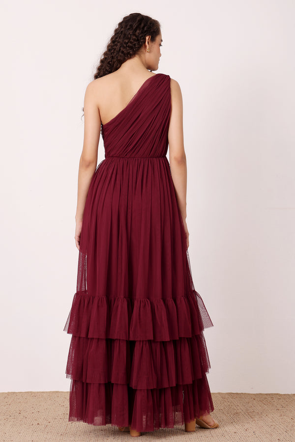 Lace & Beads Nicolette One Shoulder Maxi Dress In Wine
