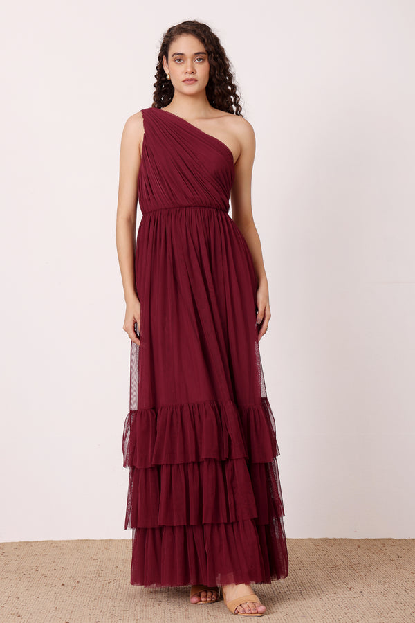 lace & beads Nicolette One Shoulder Maxi Dress in Wine
