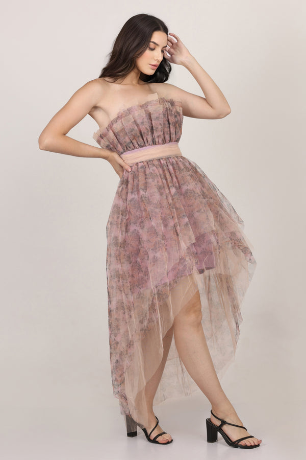 Lace & Beads Nidha High Low Tulle Dress In Floral Print