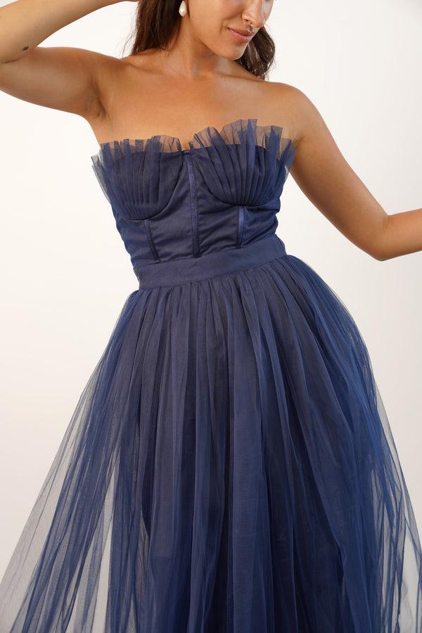 Lace & Beads Nimo Dark Blue Tulle Midi Dress With Shell Cups