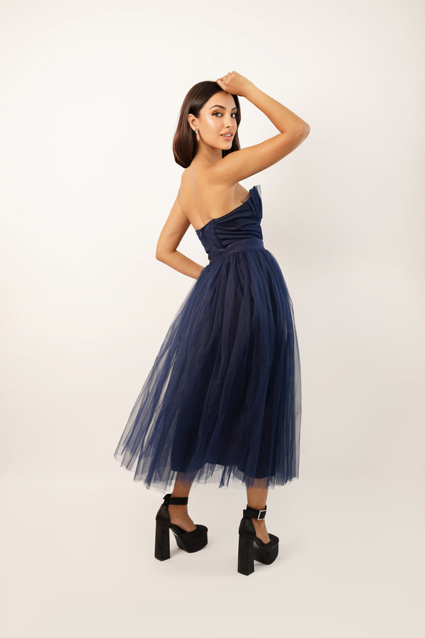 Lace & Beads Nimo Dark Blue Tulle Midi Dress With Shell Cups