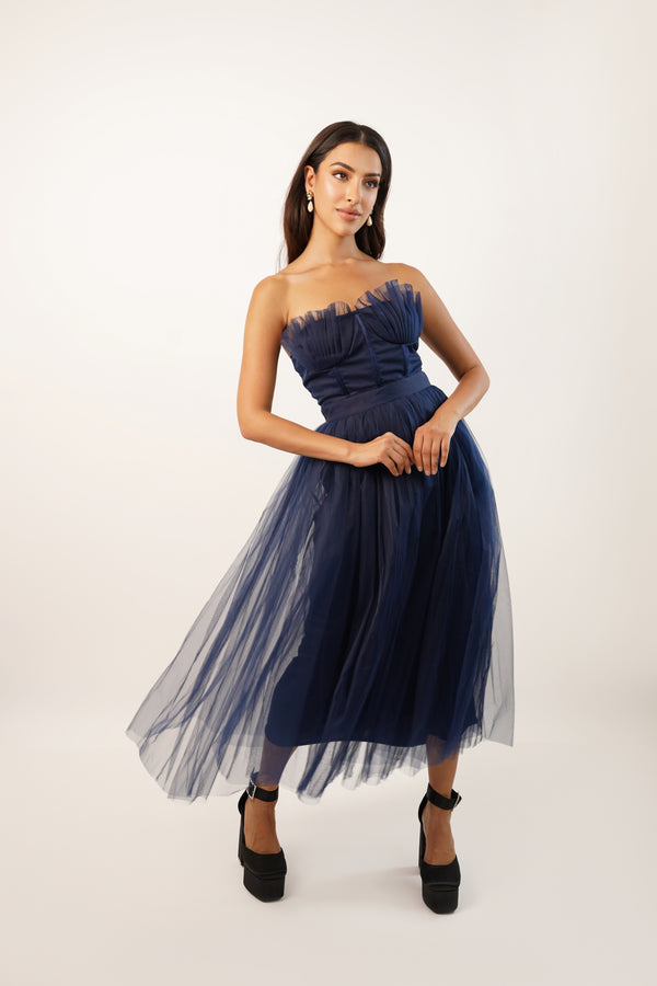 lace & beads Nimo Dark Blue Tulle Midi Dress with Shell Cups