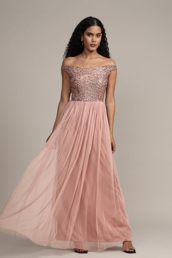 Lace & Beads Nina Taupe Embellished Bridesmaid Maxi Dress