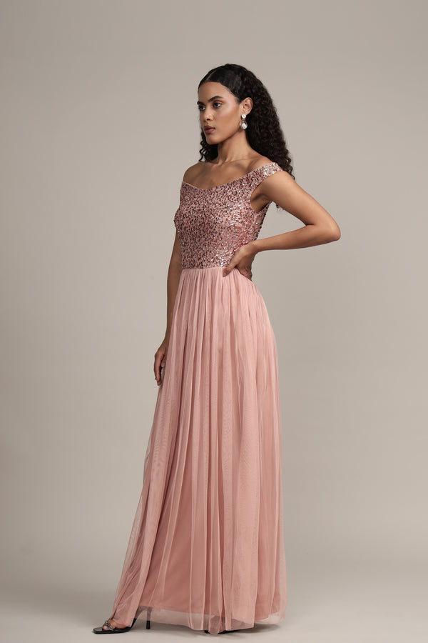 Lace & Beads Nina Taupe Embellished Bridesmaid Maxi Dress
