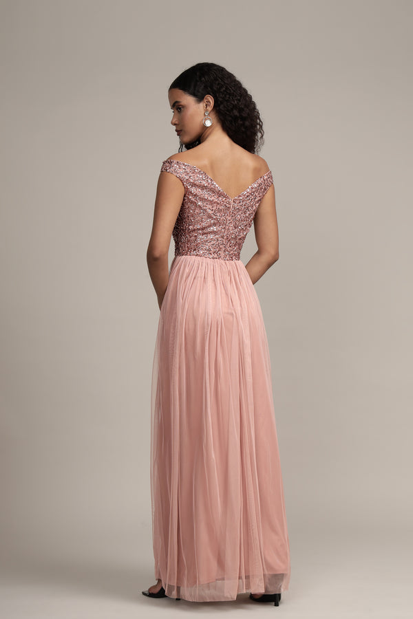 Lace & Beads Nina Taupe Embellished Bridesmaid Maxi Dress
