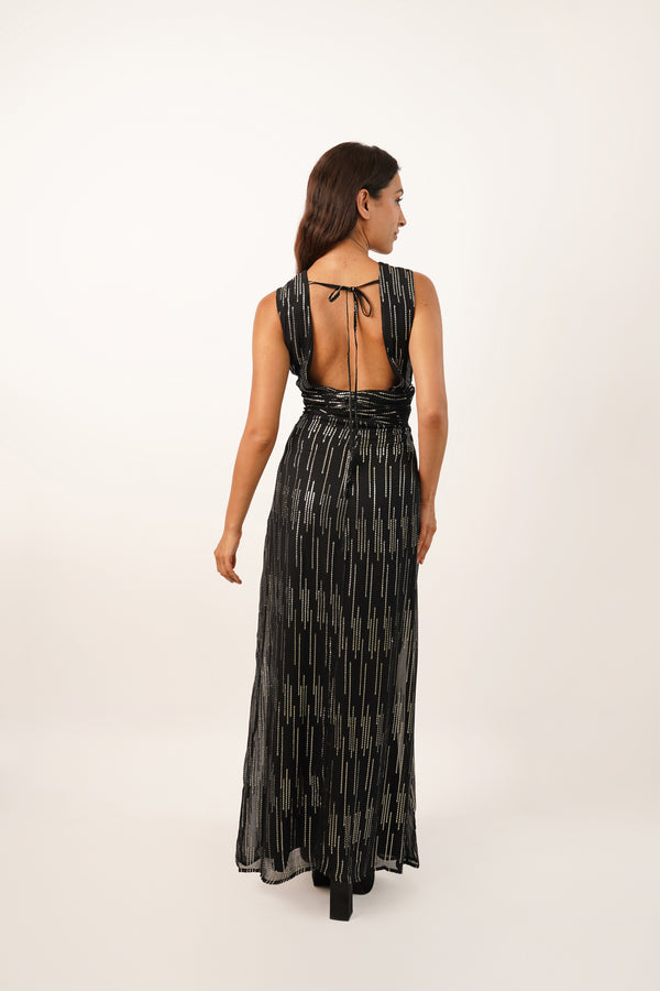Lace & Beads Norex Plunging Striped Dress With Tie Back