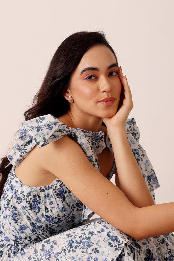 Lace & Beads Ollie Cotton Midi Dress In Blue White Floral