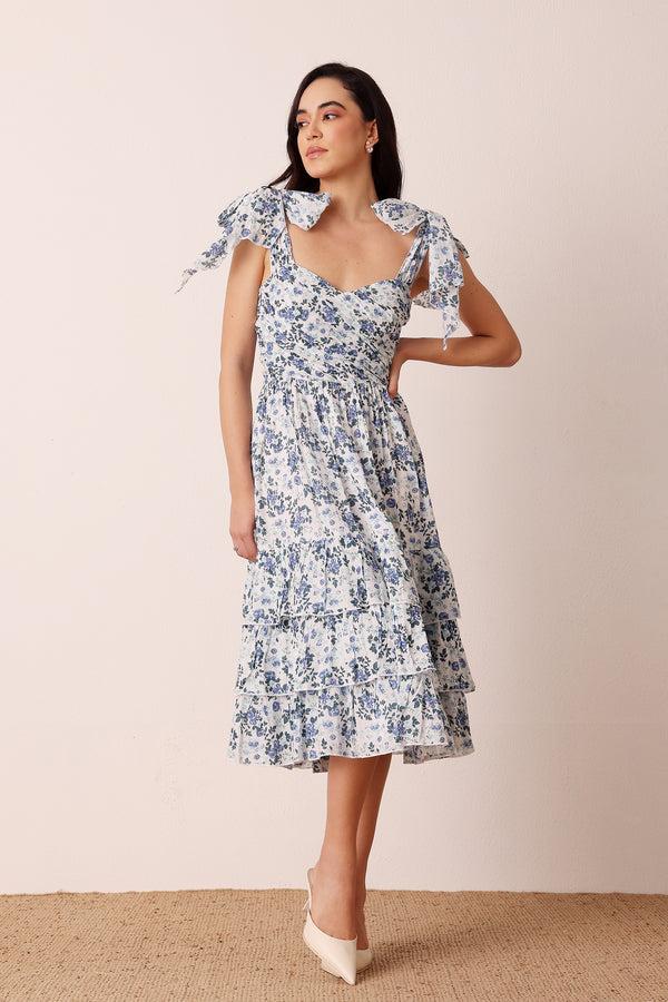 Lace & Beads Ollie Cotton Midi Dress In Blue White Floral
