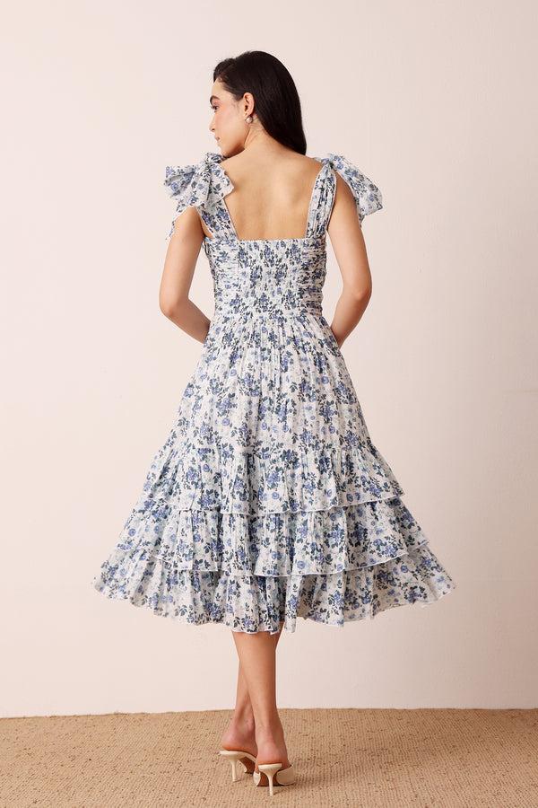 Lace & Beads Ollie Cotton Midi Dress In Blue White Floral